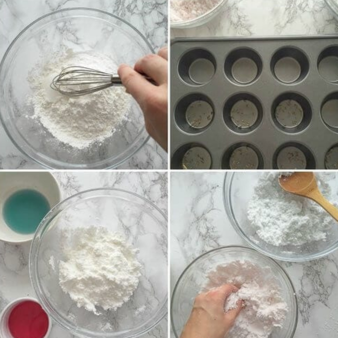4 photo collage of someone making bath bombs in kitchen