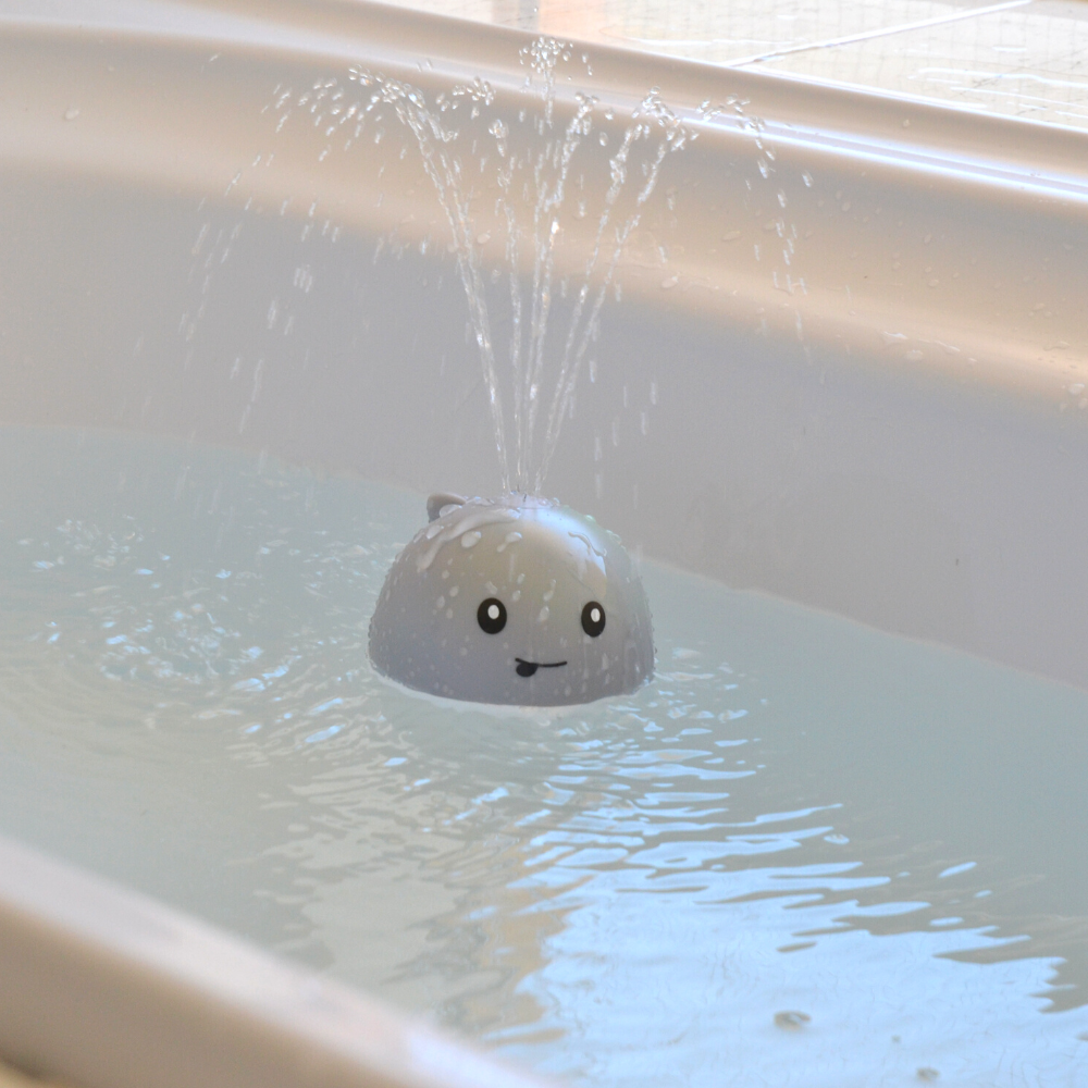 Whale bath toy in bath squirting water