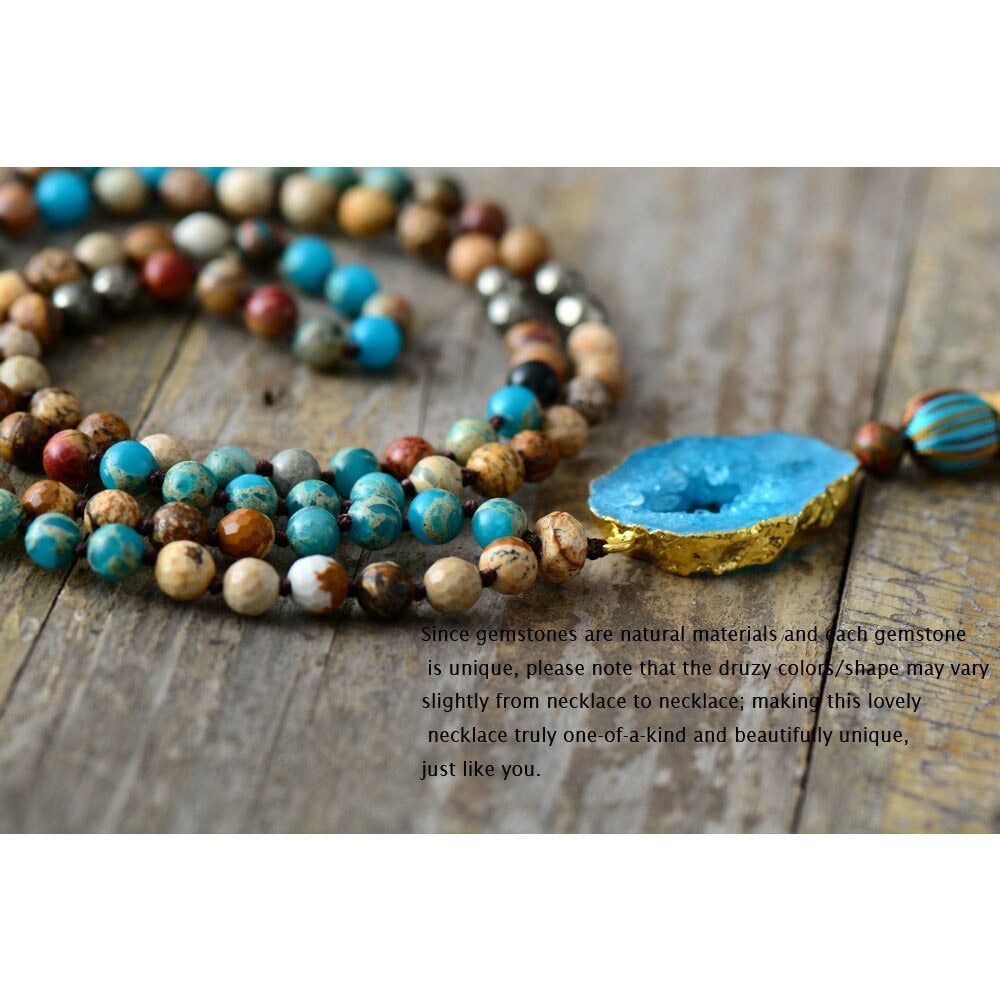 Luxury bohemian druzy necklace in natural stone of Pyrite Boho Jewellery Jane & Robin