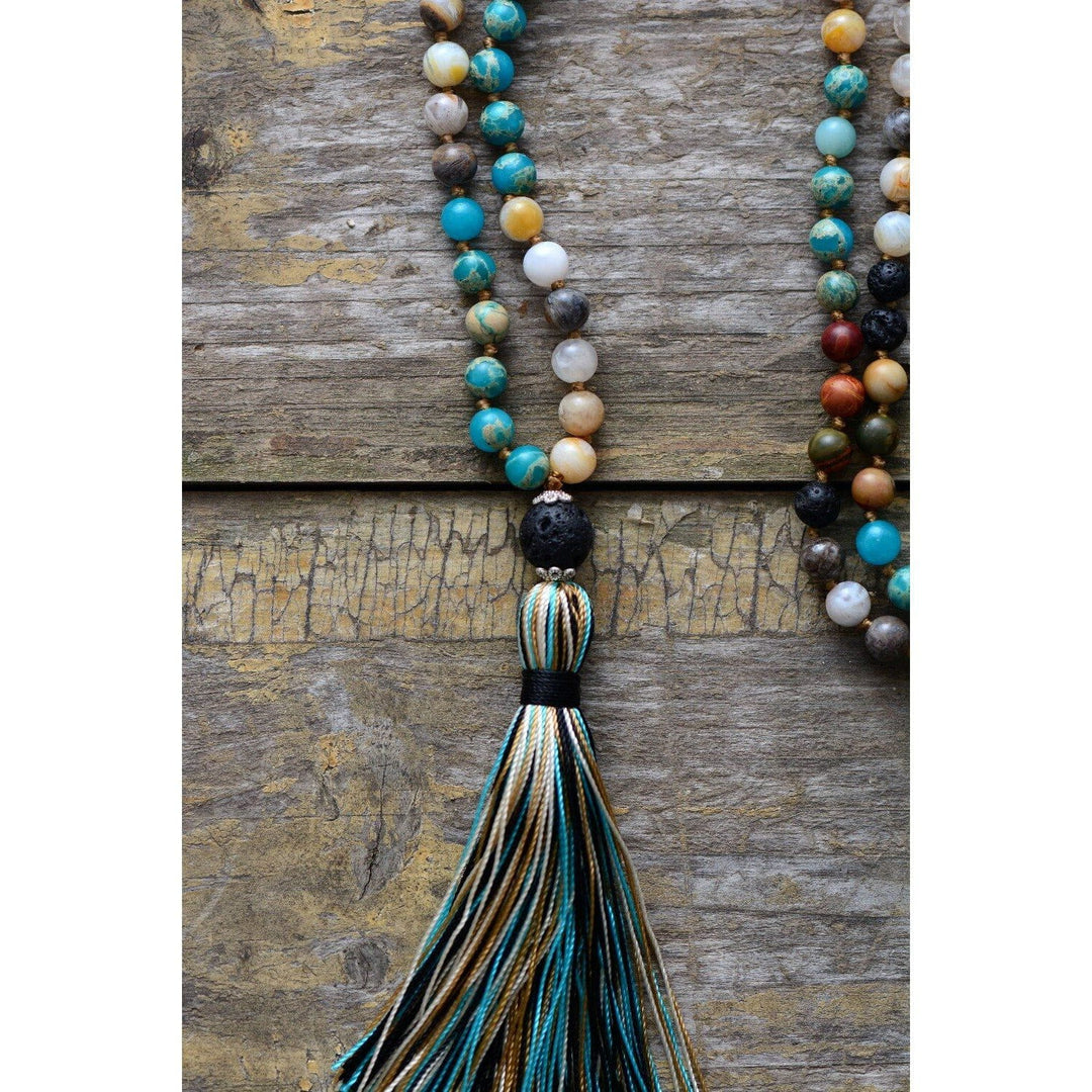 Necklace with natural lava stone tassels and silk pendant Boho Jewellery Jane & Robin