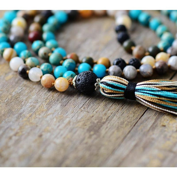 Necklace with natural lava stone tassels and silk pendant Boho Jewellery Jane & Robin