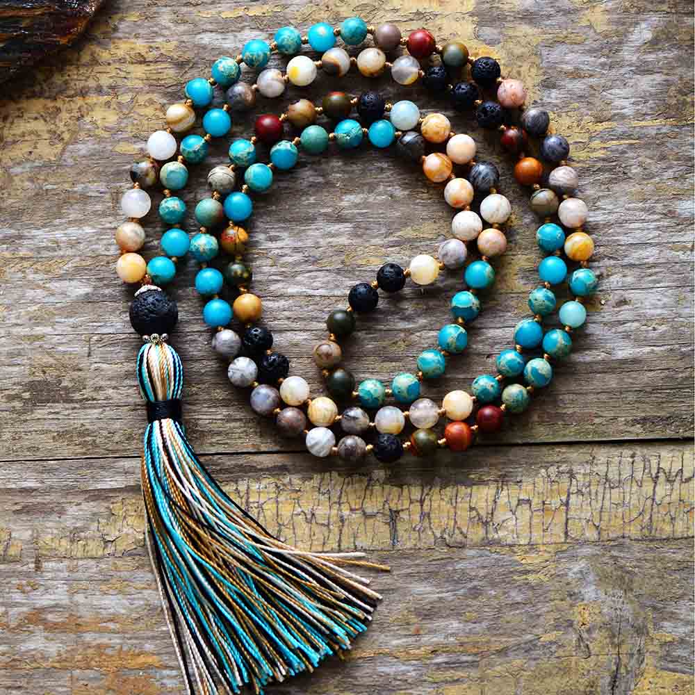Necklace with natural lava stone tassels and silk pendant Boho Jewellery Jane & Robin